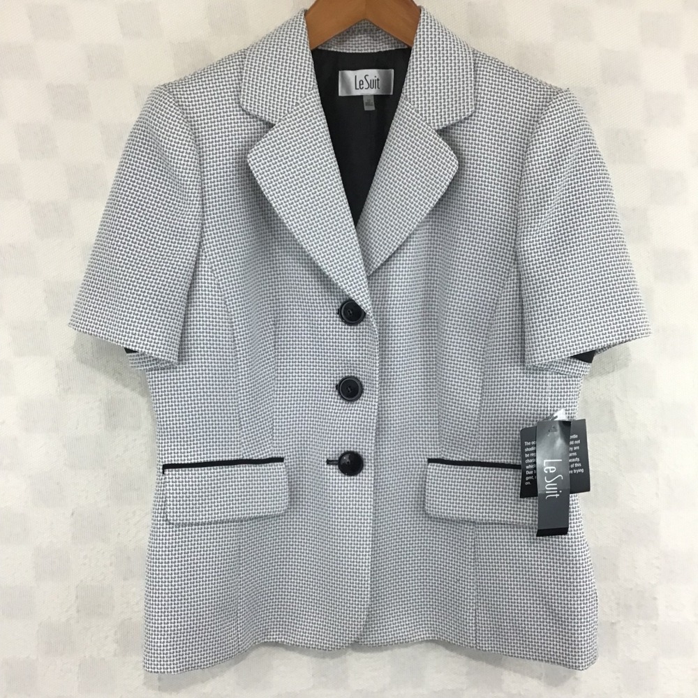 Le Suit The Hamptons Black White Short Sleeve Blazer Jacket Size 12 NWT